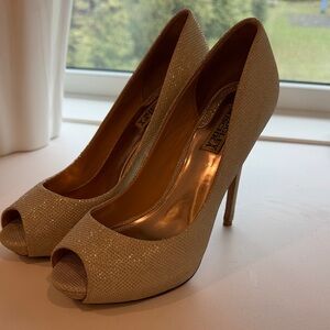 Badgley Mischka Champagne/Nude Glitter Peep-Toe Stilettos